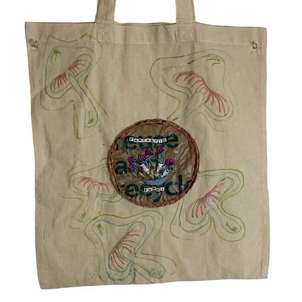 Handmade Embroidered Mushroom Market Tote Bag Fantastic Fungi Up cycle Mycelium